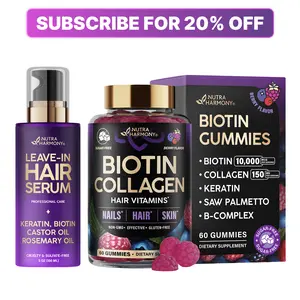 Biotin Hair Growth Bundle with Gummies | Collagen, Keratin & Hyaluronic Acid Supplement + Hydrating Leave-In Serum with Castor & Rosemary Oil | Vitamins B1 B2 B3 B6 B7 B & E | Hair Skin Nails | Women & Men | Made in USA