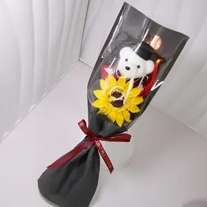 1Pc  Bear Wearing a Graduation Cap with Golden Heart Wrapping Paper Bouquet, Realistic Sunflower Bouquet, a Gift for Friends, Classmates, Or Girlfriends During Graduation Season Parties