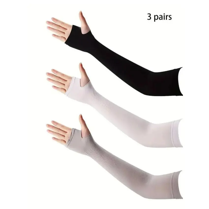 Unisex Arm Sleeves for Sun Protection, 3 Pairs Plain Knitted Ice Silk Cooling Armwear for Daily & Outdoor Sports, Activewear, Ice Silk Fabric