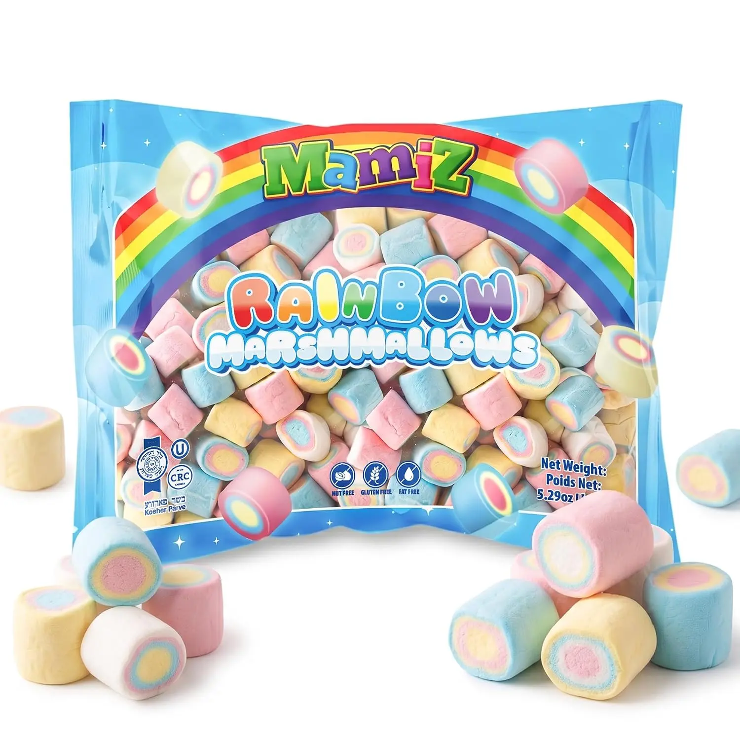 Rainbow Marshmallows - Gourmet Marshmallow Candy, Gluten-Free & Fat-Free | 5.29 oz (150g) bag. Nut-free, soft & fluffy. Perfect for baking, hot cocoa, s'mores, or party favors.