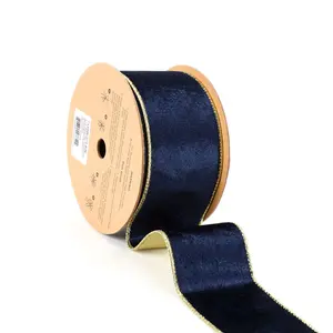 2 1/2" Reversible Velvet/Lurex Wired Ribbon | Navy/Gold | 10 Yard Roll wreath making Christms tree decor