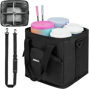 Reusable Drink Carrier with Handle – Insulated, Collapsible 4-Cup Beverage Bag with No-Spill Base, Adjustable Dividers & Shoulder Strap, Portable Caddy for Delivery, Car and Travel, Black