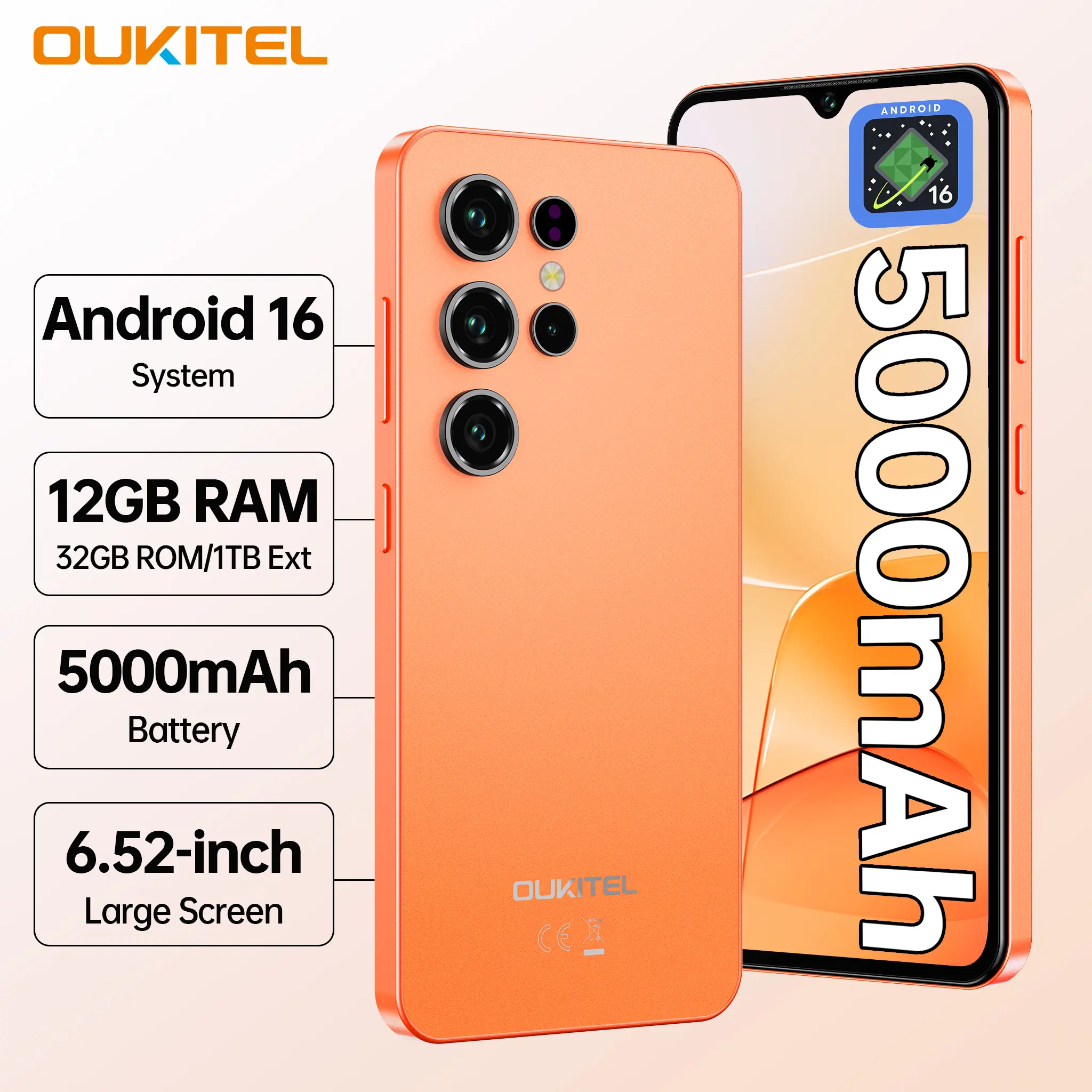 OUKITEL C2 4G Smartphone, 13MP+5MP Camera, 5000mAh Battery, Android 16, 6.52" Display, Up to 12GB RAM + 32GB ROM, Gemini AI, Dual SIM