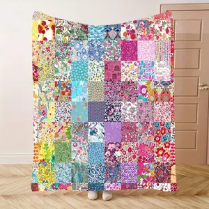 Vintage Patchwork Floral Flannel Blanket, Soft Lightweight Bedding, Retro Multicolor Design, Artistic Contemporary Style, All Season Use, Camping Travel Essential, Bed Sofa Home Decor, Cozy Must Have Flannel Throw Blanket, Ideal Gift For Friends Family, T