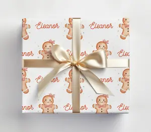 Pink Gingerbread Man Wrapping Paper With Name Custom Gingerbread Wrapping Paper Roll, Gingerbread Gift Wrapping Paper With Customized Name