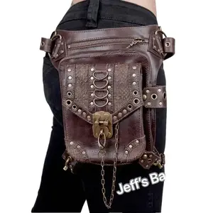 No.13 Punk Vintage Steampunk Waist Bag Fanny Pack Fashion Gothic Leather Shoulder Crossbody Messenger Bags Thigh Leg Hip Holster Purse Travel Pouch Hiking Sport Chain Bags for Women Men