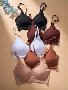 YOUKA Girls Wireless Simple Non-Padded Bra Bralette Stay-In-Place Solid Color Soft Skin-Friendly Exquisite Fan-Shaped Trim Comfortable Breathable Adjustable Shoulder Heartfelt Gift Idea This Valentine's Day Women's Day For Her