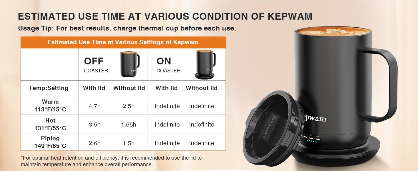 Kepwam Self-Heating Coffee Mug T1-16oz, Fast Heating Rechargeable Heated Coffee Mug, Smart Mug with App & Button Control, Ideal Gift for Coffee Lovers & Hot Drink Enthusiasts