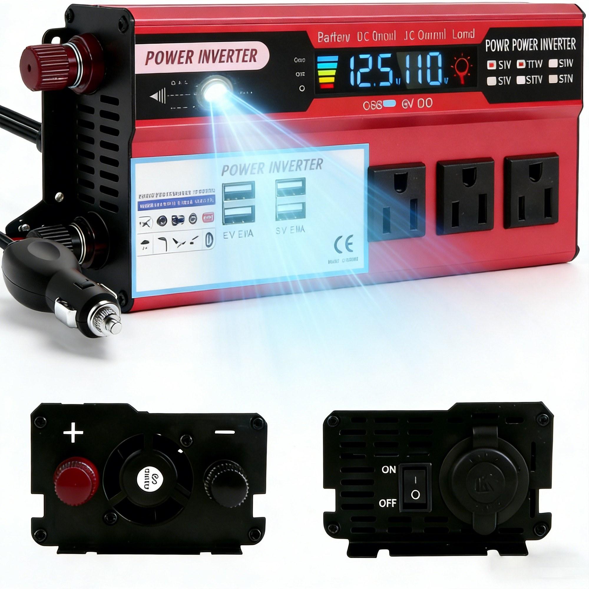 Portable 5000W Peak Car Power Inverter DC 12V to AC 110V Power Converter for Car Truck RV Boat 3 AC Power Outlets 4 USB Fast Charging Ports Advanced Safety Protection LCD Screen Compact Design for Outdoor Camping Emergency Backup Power Supply