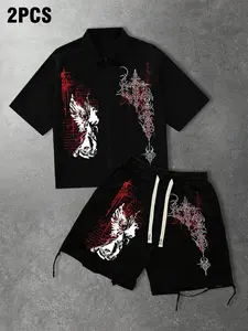 2PCS Gothic Angel Cross Print Zip-Up Shirt & Shorts Set – Y2K Dark Streetwear, Grunge Aesthetic, Casual Summer Outfit for Men/Women, Trendy FashionTok OOTD, Alternative Goth Style