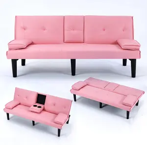 67-inch Multi-Functional Sofa Bed, Foldable Futon Couch with Adjustable Backrest & Cup Holders, Convertible Sleeper for Small Spaces, Living Room, Apartment, Office - Modern PVC Leather Couches(Pink)