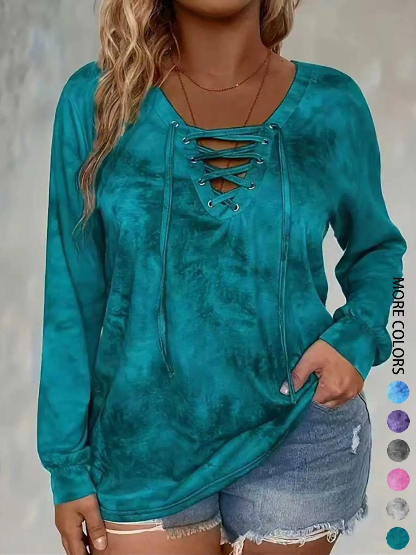 Women's Plus Size Tie-Dye Lace Long Sleeve Fitted T-Shirt Top Womenswear with Chic Casual Print Design, Comfortable Soft Stretch Fabric for Daily Wear & Gift Giving