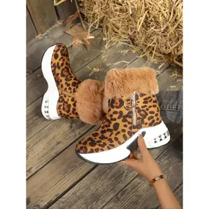 Women's Warm Snow Boots Leopard Print Plush Lined Ankle Booties with Side Zipper, Casual Winter Shoes for Cold Weather Outdoor Use