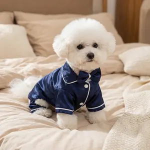Cute Pet Pajama Set with Bow Headband Cozy Silk Pajamas for Teddy Bichon Pomeranian & Bulldog Soft Puppy Cat Sleepwear for Comfortable Nights Deep Blue
