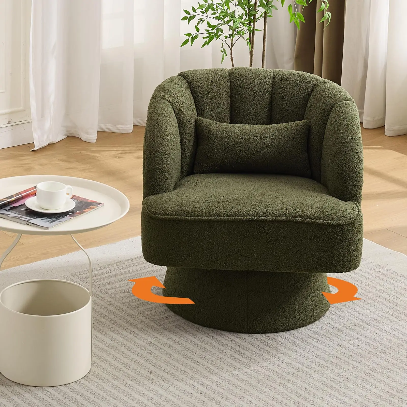 Garvee Modern Barrel Design Swivel Chair with Plush Fabric Upholstery, 360° Rotation, Striped Backrest, and Plush Padding - Comfortable Round Chair for Living Room and Bedroom