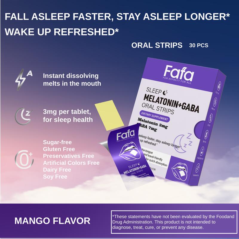 Fafa. Sleep Aid Supplement with Melatonin 3mg & GABA 7mg Oral Strips Fast Dissolving Film No Water Needed 30 Count USA Healthcare Fitness Dietary Edible Optimum Natural