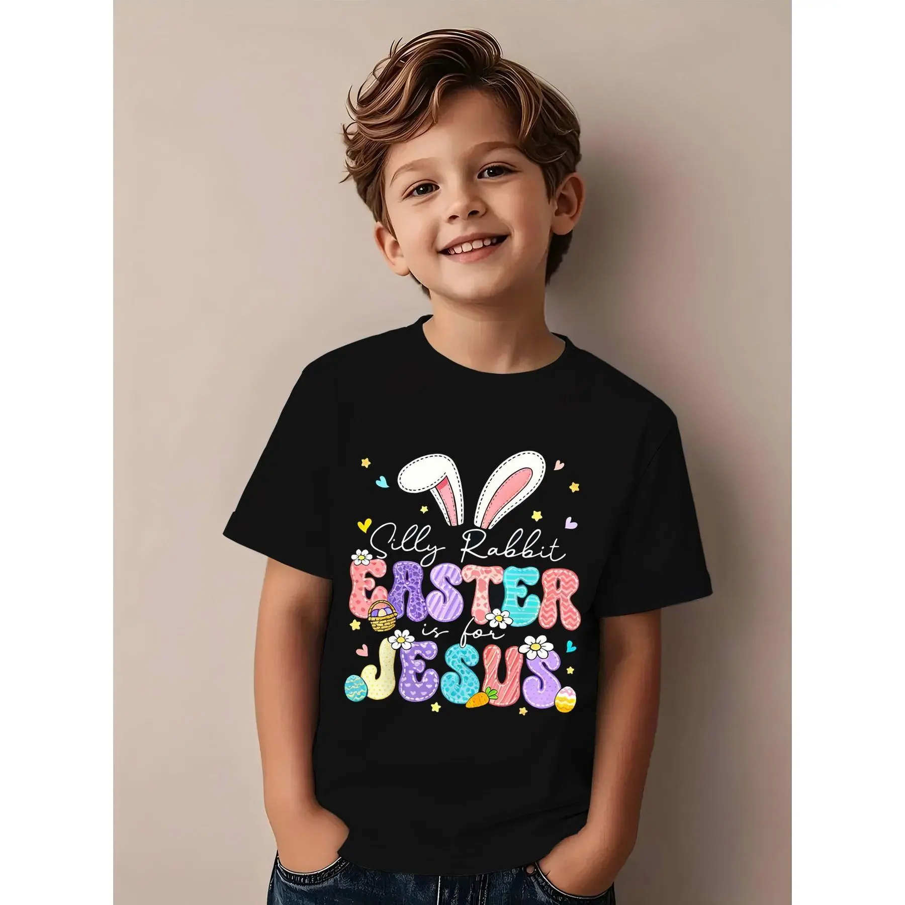 Kids' Girls' Minimalist Easter-Themed Short-Sleeved Black Crew Neck T-Shirt, Playful Rabbit Design, Comfortable Breathable Summer Top, Ideal Easter Gift for Jesus-Focused Celebrations