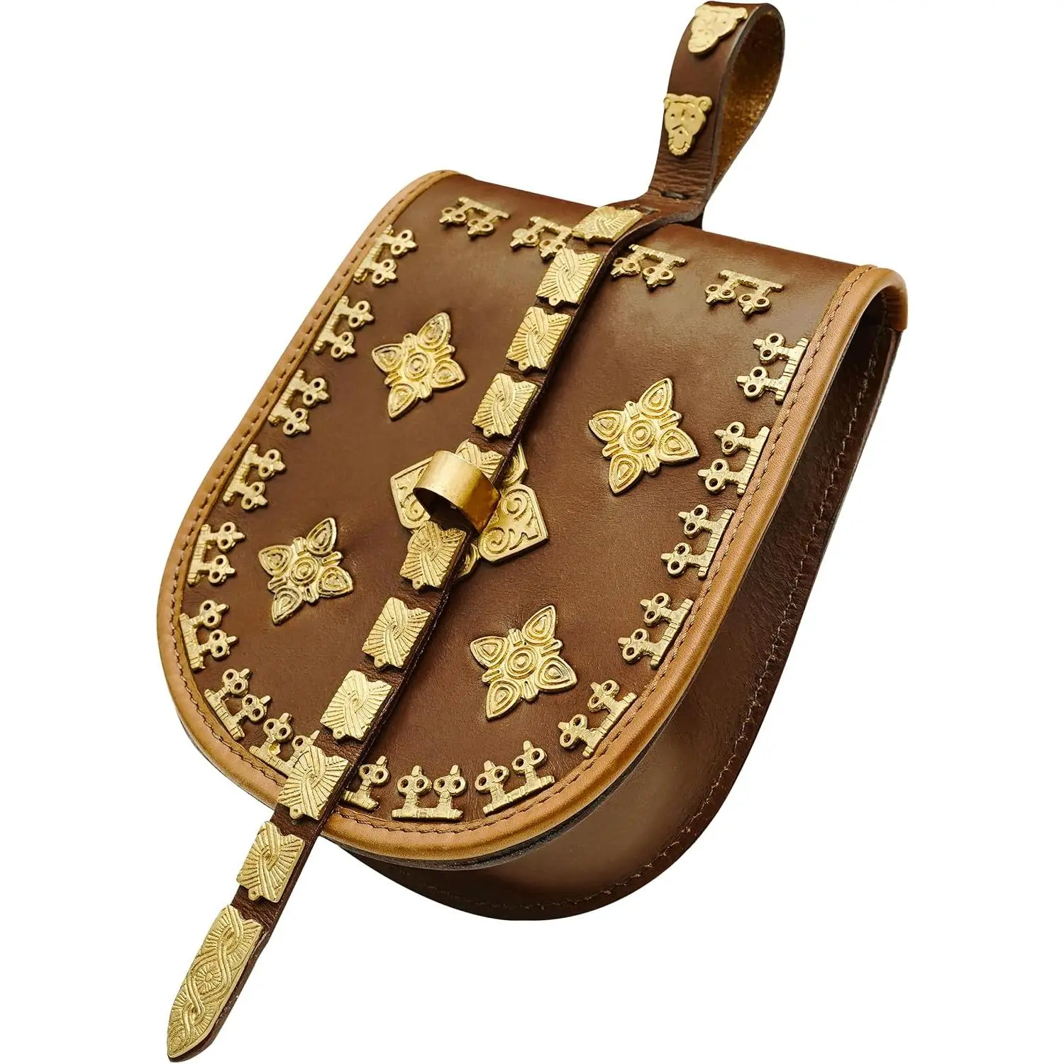 Mythrojan Men's Viking Leather Belt Bag, Embossed Brass Birka Style Flap Pouch for Medieval Reenactment, Cosplay & LARP, Flap Men's Fanny Packs & Belt Bags