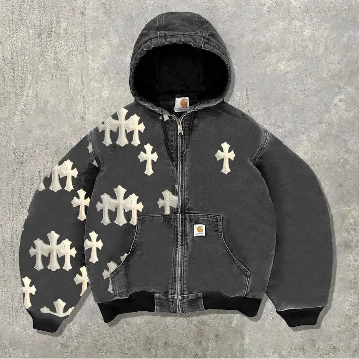 Men's Unisex Vintage Washed Zip-Up Hooded Jacket - Off-White Cross Patch Print Oversized Gothic Streetwear Loose Outerwear Sweatshirt