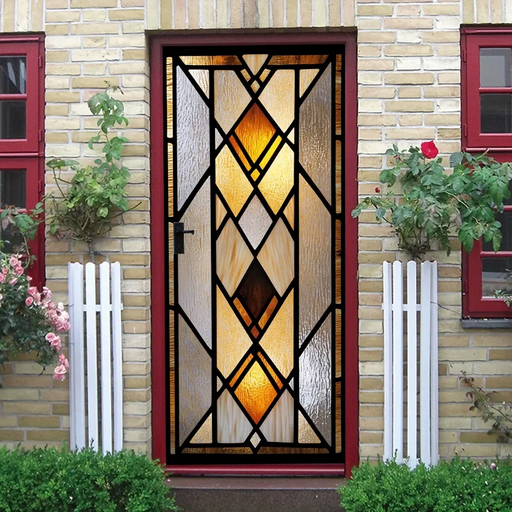 2pcs Vintage Stained Glass Style Door Sticker, Geometric Pattern Sticker, European Geometric Art Wall Decal Self Adhesive Removable Home Door Window Glass Creative