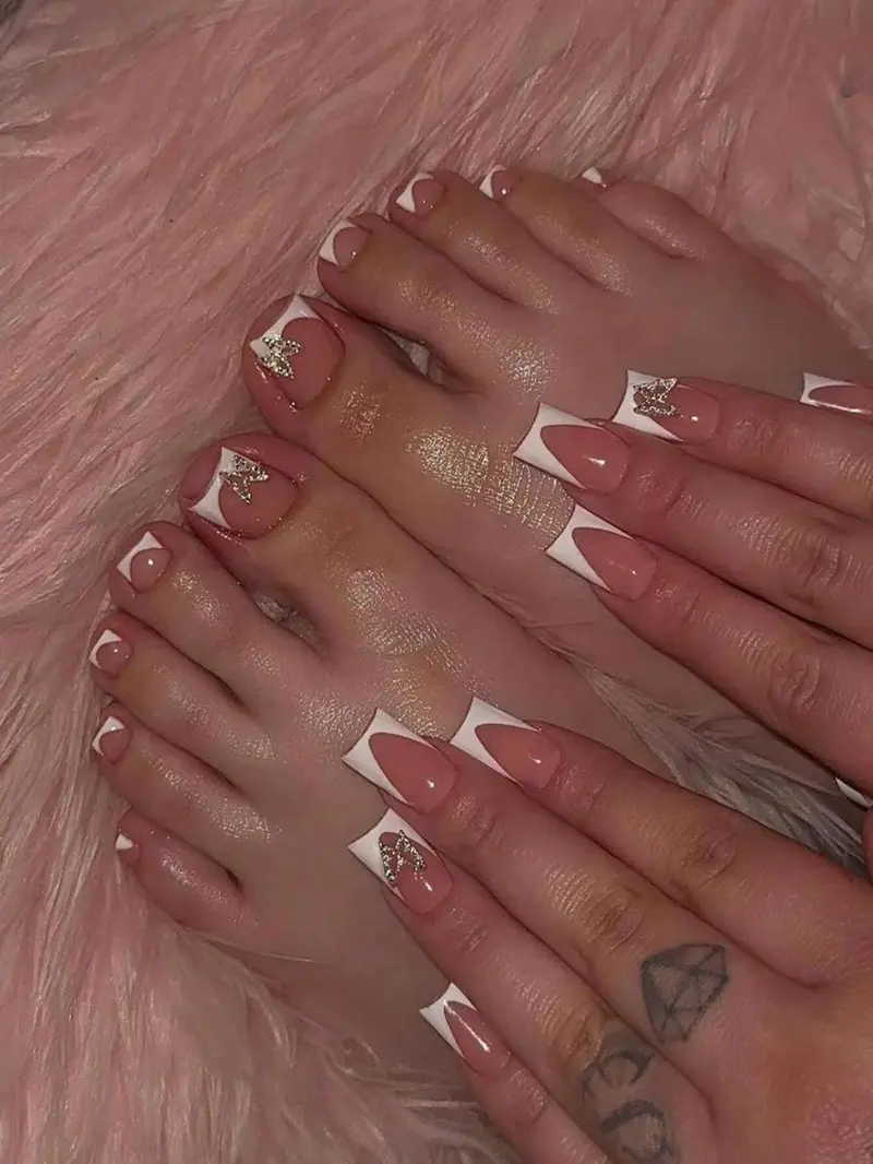 48-Piece Pink French Tip Press-On Nail & Toe Nail Set with Silver Bow Accents - Short Square Fingers & Toes, Nude Pink Base​