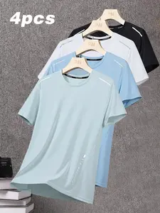 Men’s Quick-Dry Sports T-Shirt Pack of 4 – Breathable Top, Crew Neck, Short Sleeve, Solid Color, Moisture-Wicking Technology, 100% Polyester, Suitable for Summer Workouts and Casual Wear, Fitness Shirt