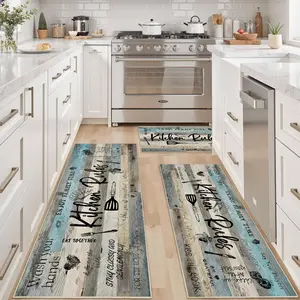 Non Slip 3 count Kitchen Rugs Set with Runner, Farmhouse Washable Kitchen Mats for Floor, Ultra Soft Kitchen Floor Mats Carpet Runner Rugs for Sink, Entryway, Laundry Room, Teal Gray