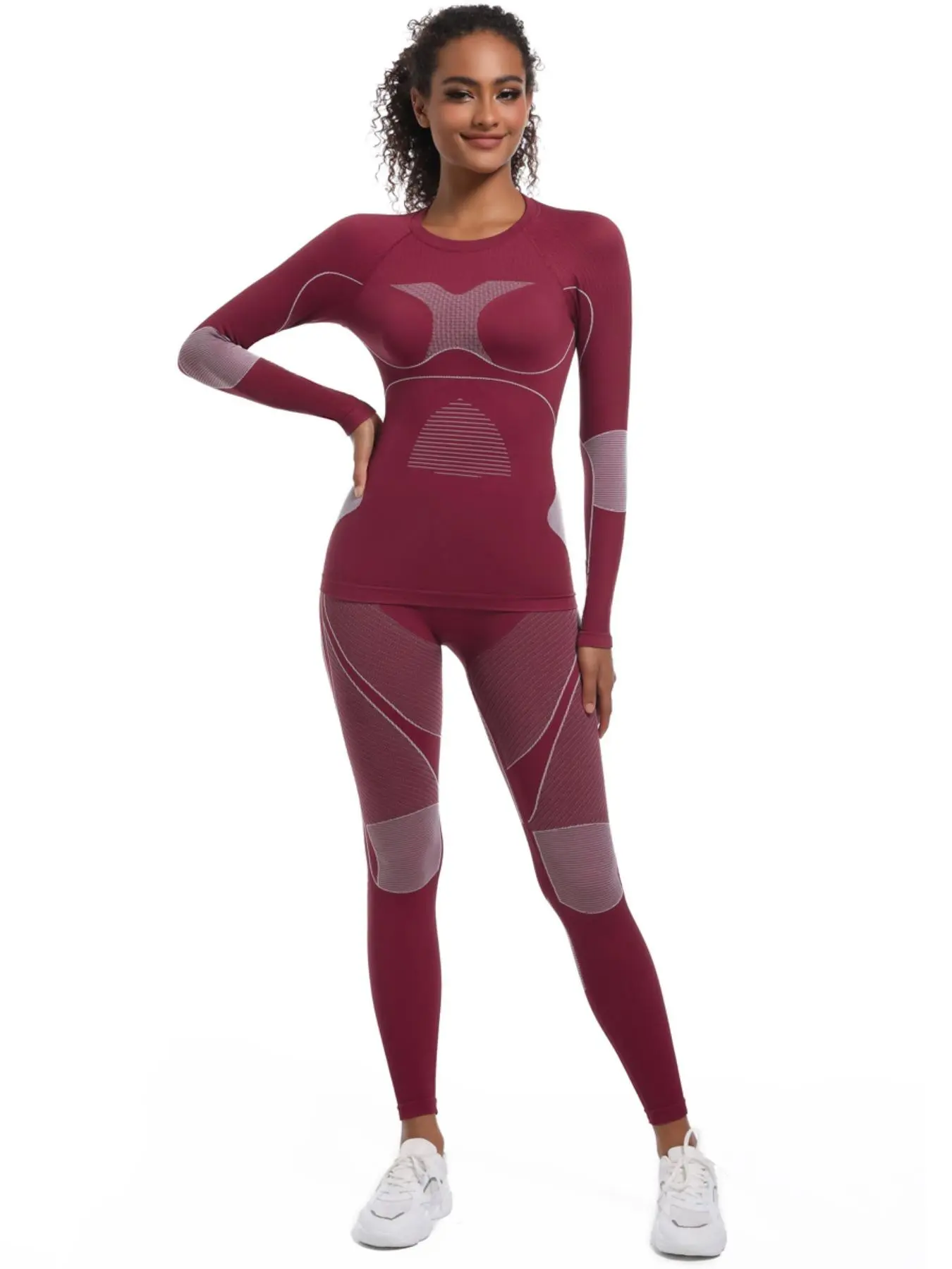 Women's Solid Thumb Hole Long Sleeve Baselayer Top & Leggings Skiing Suit, Quick Drying Breathable Sweat-wicking Baselayer Top & Leggings, Ladies Sportswear for Outdoor Skiing