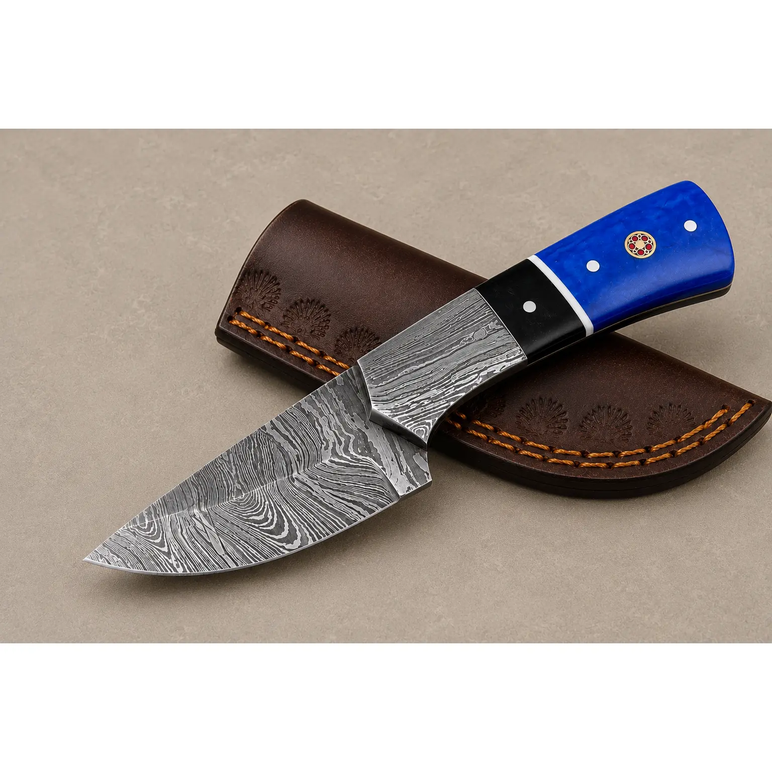 Damascus Steel Knife – Hand Forged Blade with Buffalo Horn, Resin & Damascus Bolster Handle