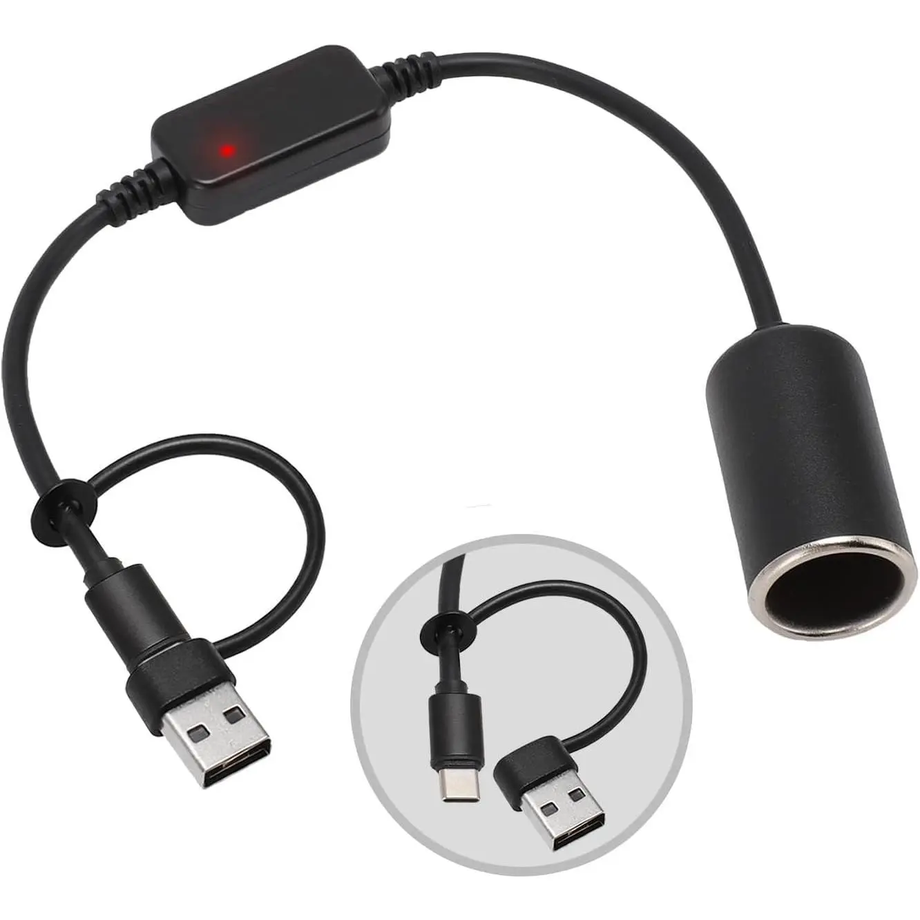 USB to Cigarette Lighter Adapter, 35cm Cable, USB A & C Input 5V, 12V Car Cigarette Lighter Socket Output, Power Converter for Dash Cam, GPS, LED Lights& More