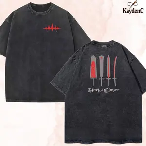 Embroidered Look Black Clover Acid Washed T-shirt Double-Sided, Vintage Anime Gym Shirts, Mineral Heavyweight Vintage Washed Cotton T-Shirt Sizes S-3XL For Anime Lovers
