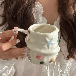 Creative Ocean Style 3D Seashell Ceramic Coffee Mug, Handcrafted Irregular Underglaze Artistic Water Cup, Handmade Artwork Drinkware, Perfect Birthday Housewarming Holiday Gift for Ocean Lovers Coffee Lovers Women Men