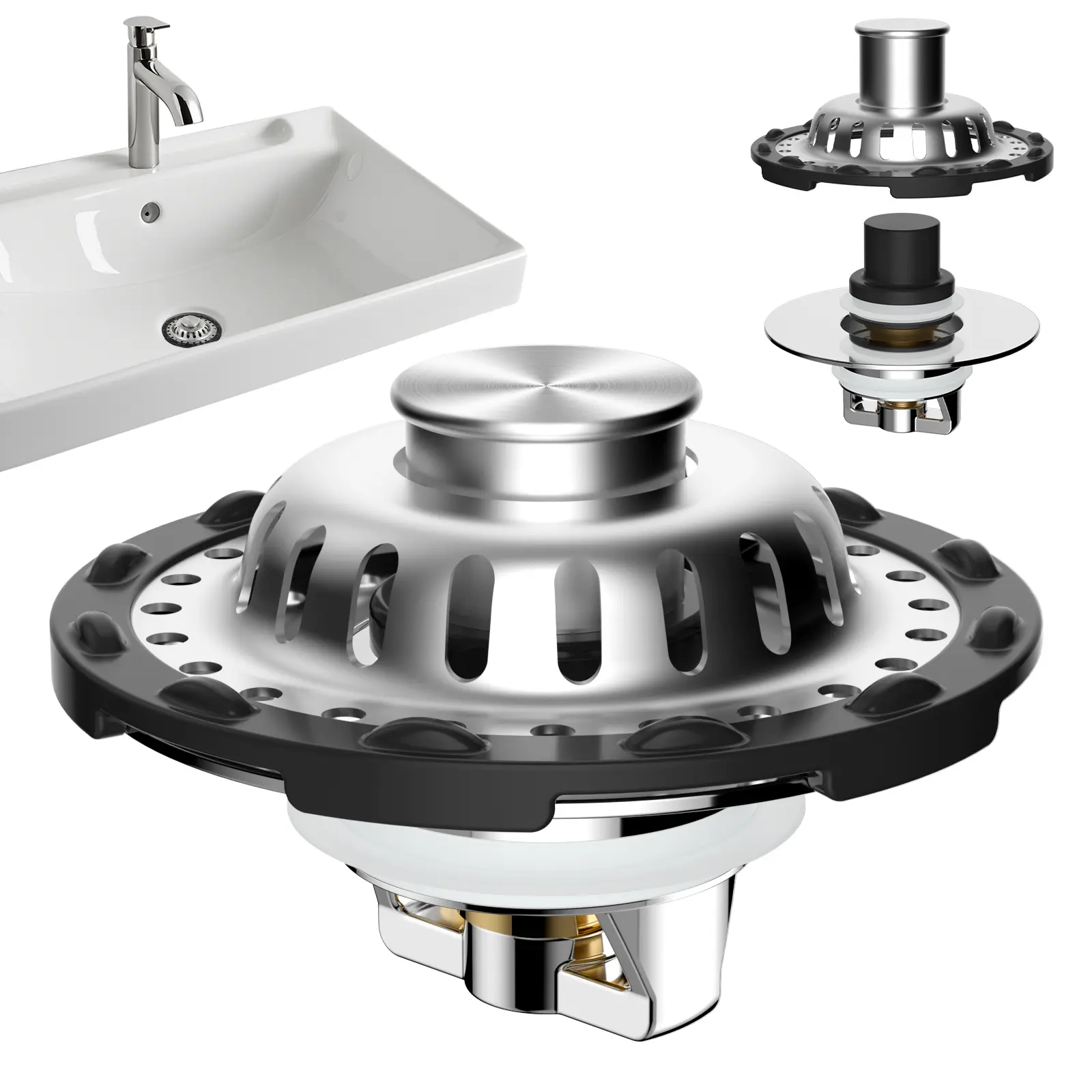 Hibbent Advanced 3-in-1 Metal Pop-Up Bathroom Sink Drain Strainer Hair Catcher, Chrome Finish Brass, 4 Silicone Rings, Detachable Filter Basket, Quick-Clean, Universal Size 1.1"-2.36" Basin Holes Fit, Anti-Clogging Drainage Bathroom Fixture Accessory