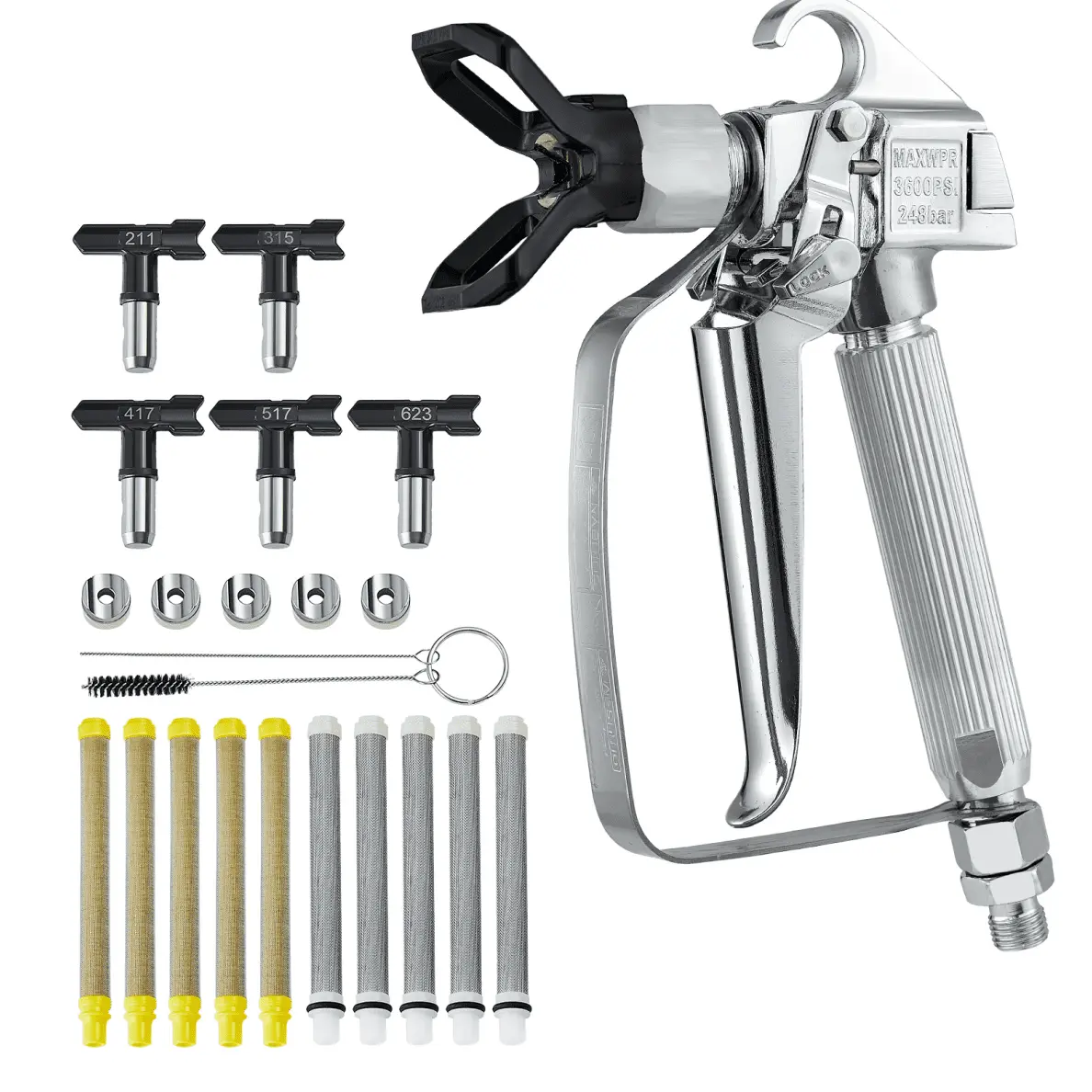 【DealsForYouDays】VEVOR Airless Paint Spray Gun, 3600PSI High Pressure Airless Paint Sprayer Gun with 5 Tips, 211, 315, 417, 517, 623, Swivel Joint Airless Spray Gun Kit with Filters, Cleaning Needle and Brush Expert Airbrush Kit Power Tools