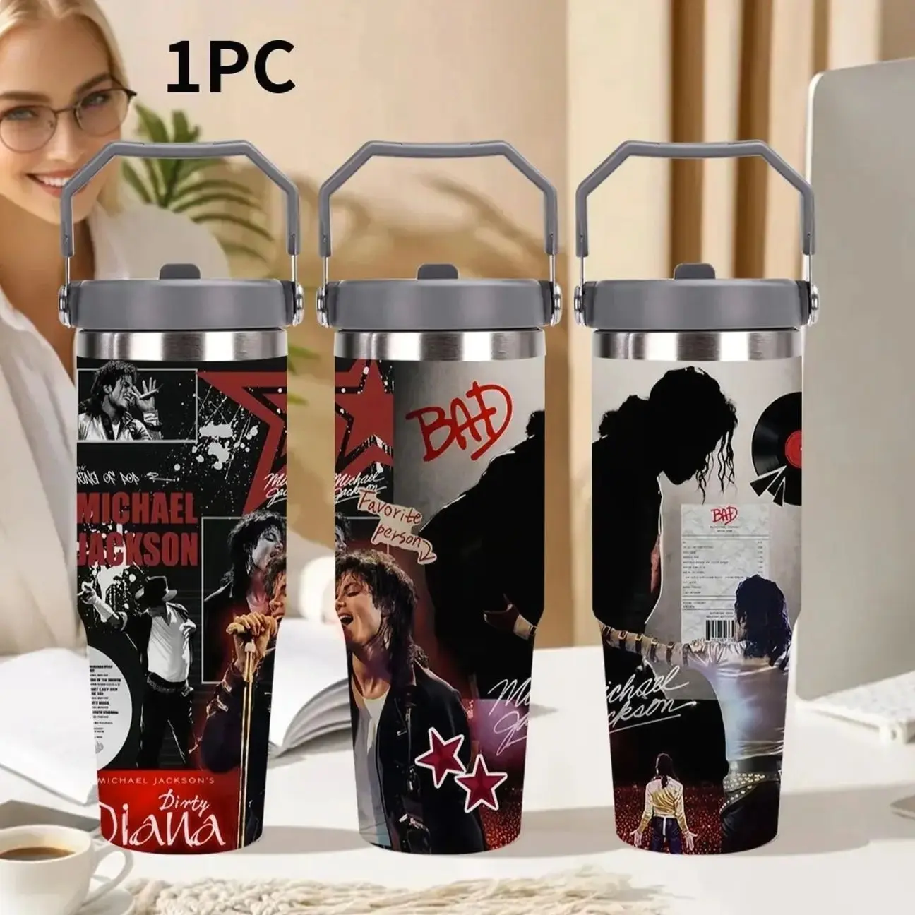 1pc Michael Jackson 30oz Stainless Steel Insulated Water Bottle, Portable Travel Tumbler, Flip Lid & Handle, Vacuum Thermal Cup, Fan Merch Gift