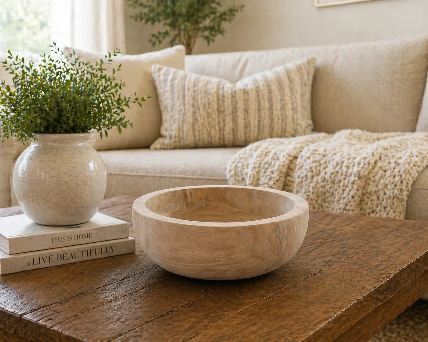 Decorative Paulownia Wood Bowl – Farmhouse Coffee Table Decor, Rustic Centerpiece, Kitchen Island & Entryway Bowl