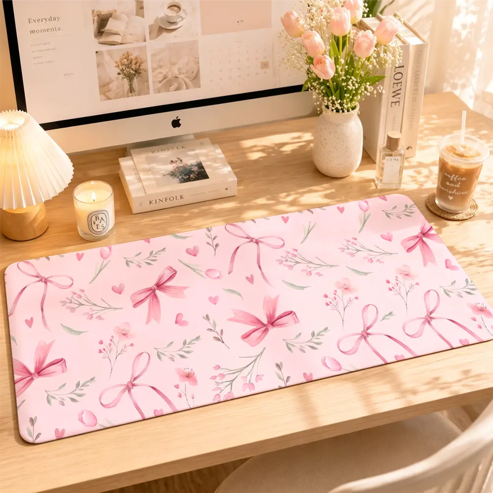 Coquette Natural Rubber Computer Desk Mat - Fabric Top, Bows and Flowers, Blush Pink Watercolor Background, for Office Desk Setup & Everyday Use (2 Sizes, 12 × 24 in Option)