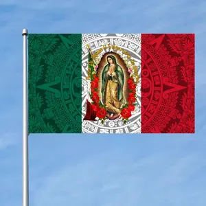 Virgin of Guadalupe Flag 3x5ft with Aztec Calendar Mexican Design