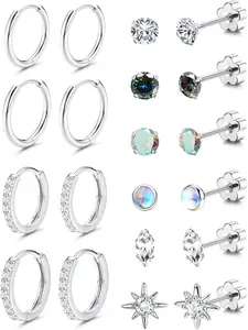 Stainless Steel Flat Back Earrings for Sensitive Ears Hypoallergenic Post Earrings| Silver Plated Cartilage Earring Sets for Multiple Piercing |Small Hoop Studs Earrings Tiny CZ Flatback Stud Earrings Set