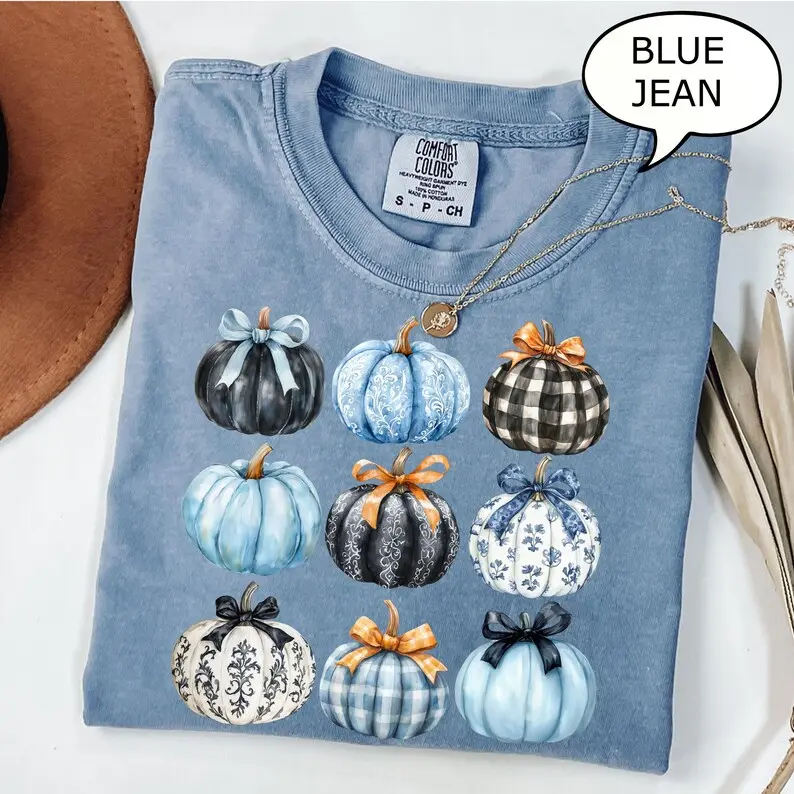 Comfort Colors Blue Bow Pumpkin Shirt, Coquette Pumpkin Graphic Tee, Vintage Fall Pumpkin T-Shirt, Cute Autumn Bow Apparel, Cozy Seasonal Gift