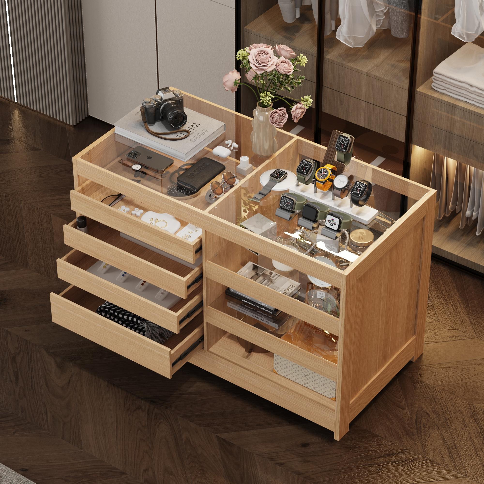 FUFU&GAGA Bedroom Island Wardrobe Closet Island with Glass Tabletop Island Dresser with Display Shelf Closet