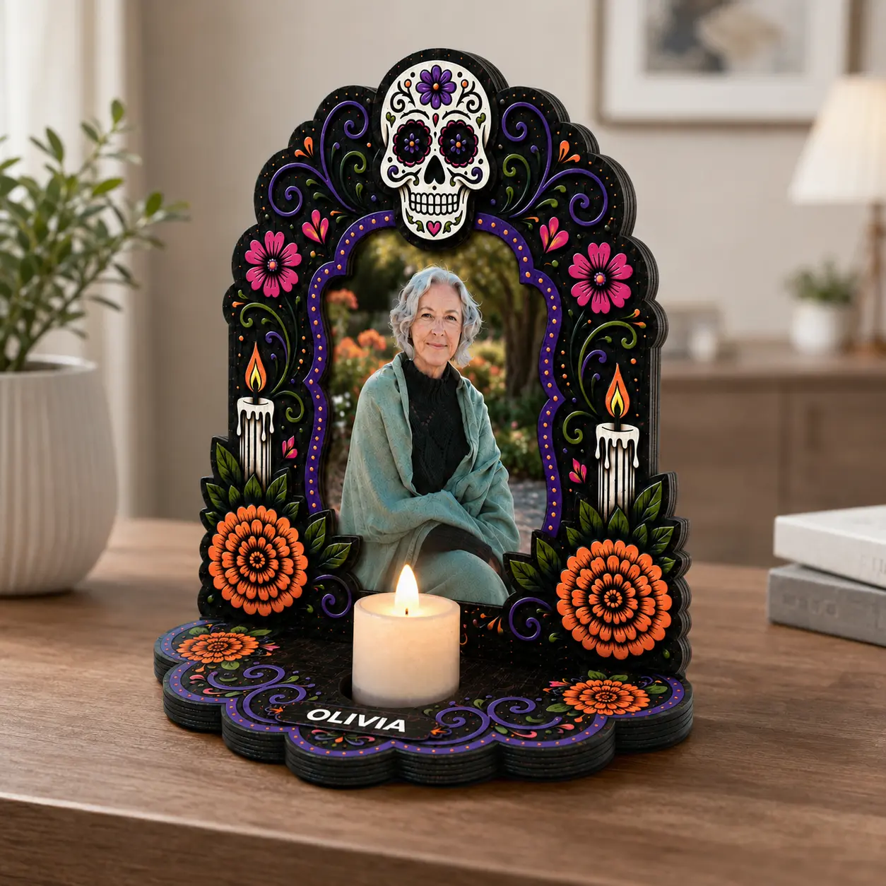 Custom Día de Muertos Memorial Photo Frame, Mini Altar with LED Candle Memorial Photo Frame, Loss of Loved One, Skull Sympathy Keepsake Gift