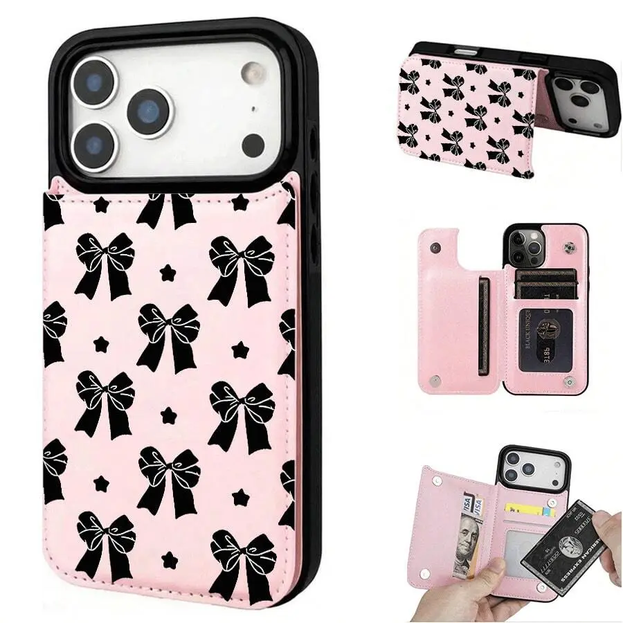 Bowknot / Wallet Card Holder, Credit Card Slot Phone Case, Fashionable Trendy Coin Pocket Phone Case for Women and Girls. Compatible with iPhone 17/16/15/14/13/12, Cute Phone Case, Multifunctional Phone Case, Holiday Gift summerwins