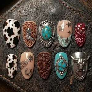 Western Cowgirl Press On Nails, Turquoise Cowboy Nails, Rodeo Inspired Nails, Country Western Nails, Rustic Cow Print Nails, Luxury 3D Nails