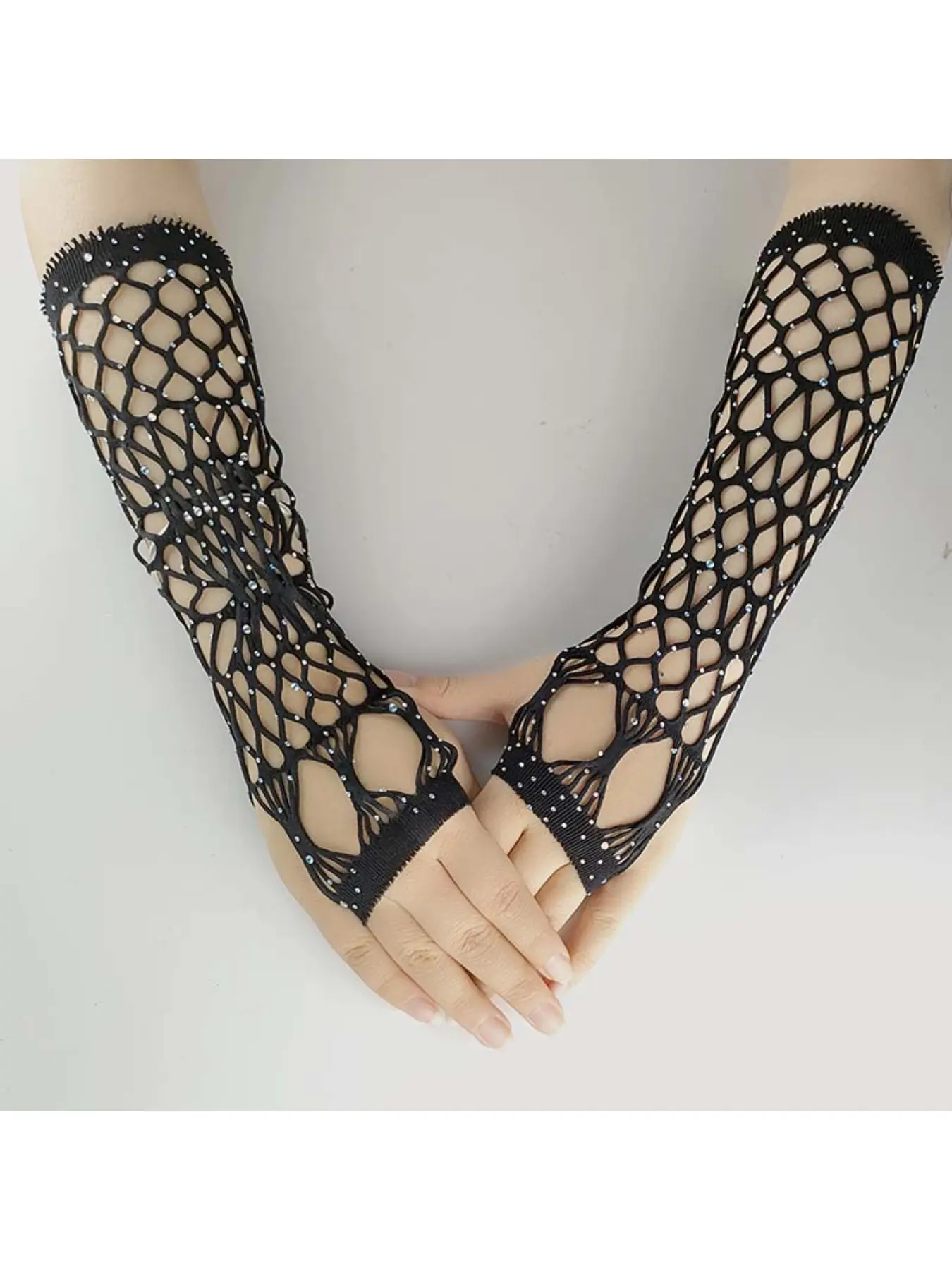 Black sexy elastic flash drill gloves Halloween Cosplay half finger fishnet nightclub performance Hand Accessories Party Supplies