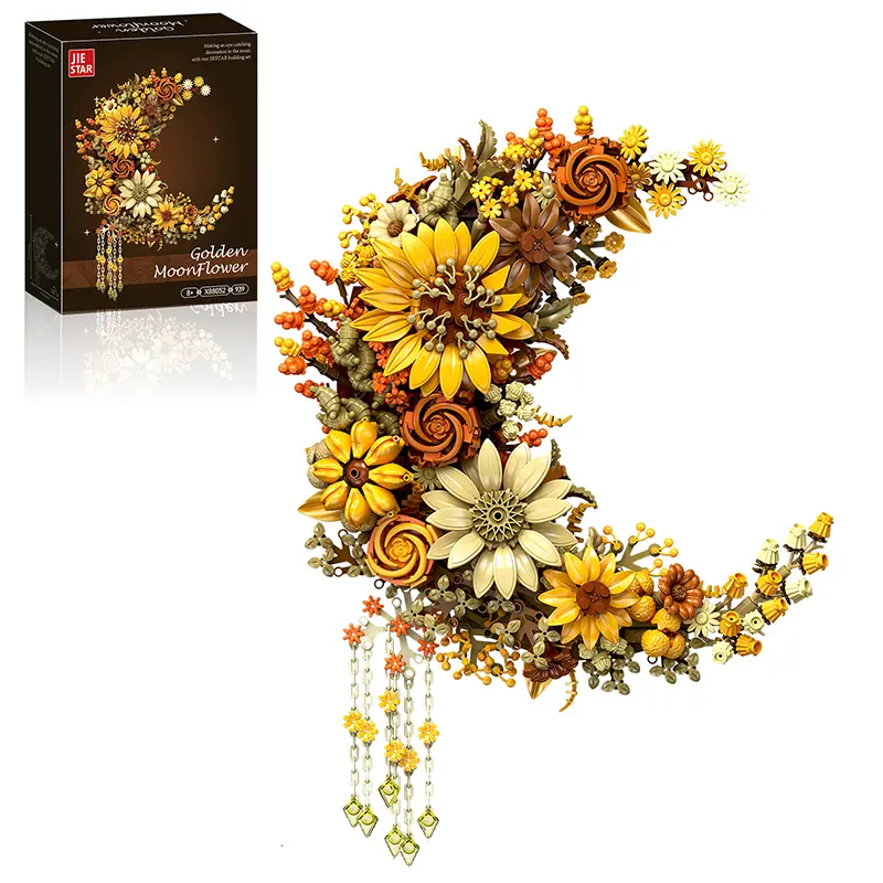 Golden Moon Flower Building Blocks | 939 pieces of preserved flowers, supports wall hanging/desktop placement, easily decorates bedrooms, living rooms, or office spaces, suitable for various home styles | A personalized DIY gift for her—ideal for Valentin