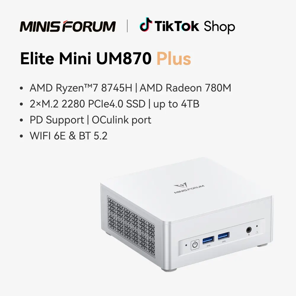 MINISFORUM UM870 Plus Compact Form Mini PC with Windows, AMD Ryzen 7 8745H (8C/16T, Up to 4.9GHz), 16GB DDR5, 1TB PCIe4.0 SSD, Radeon 780M Graphics, HDMI+DP+USB4 Triple Outputs, OCuLink Port, 2.5G LAN, 5x USB Ports, BackToSchool Desktop Computer, New