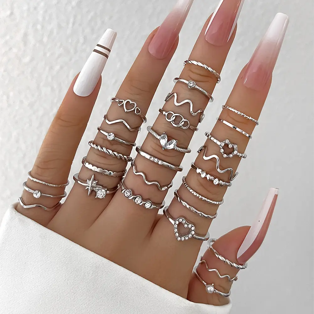 TopJewe - 28Pcs Fashion Geometric Knuckle Rings Set For Women Crystal Heart Gold Silver Color Rings Girls  Party Jewelry Accessories
