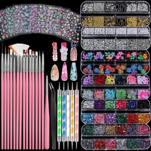 Nail Charms and Nail Brushes, Nail Accessories Kit with 15 Pcs Nail Art Brushes, 6 Box Nail Charms and Gems, 10 Pcs Flower Nail Stickers, 5 Pcs Dotting Tools, Nail Art Kit with Nail Brush