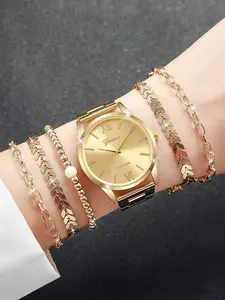 Women's Quartz Watch Roman Numeral Dial Stainless Steel Strap Bracelet Set, Casual Style for Mom Birthday Gift